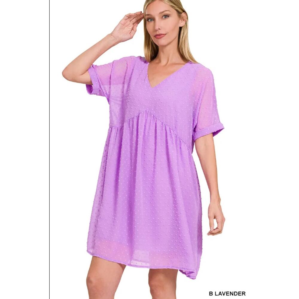 ❤️🔥Zenana Lavender Babydoll Dress Swiss Dot V-Neck Size S EUC - Picture 1 of 9
